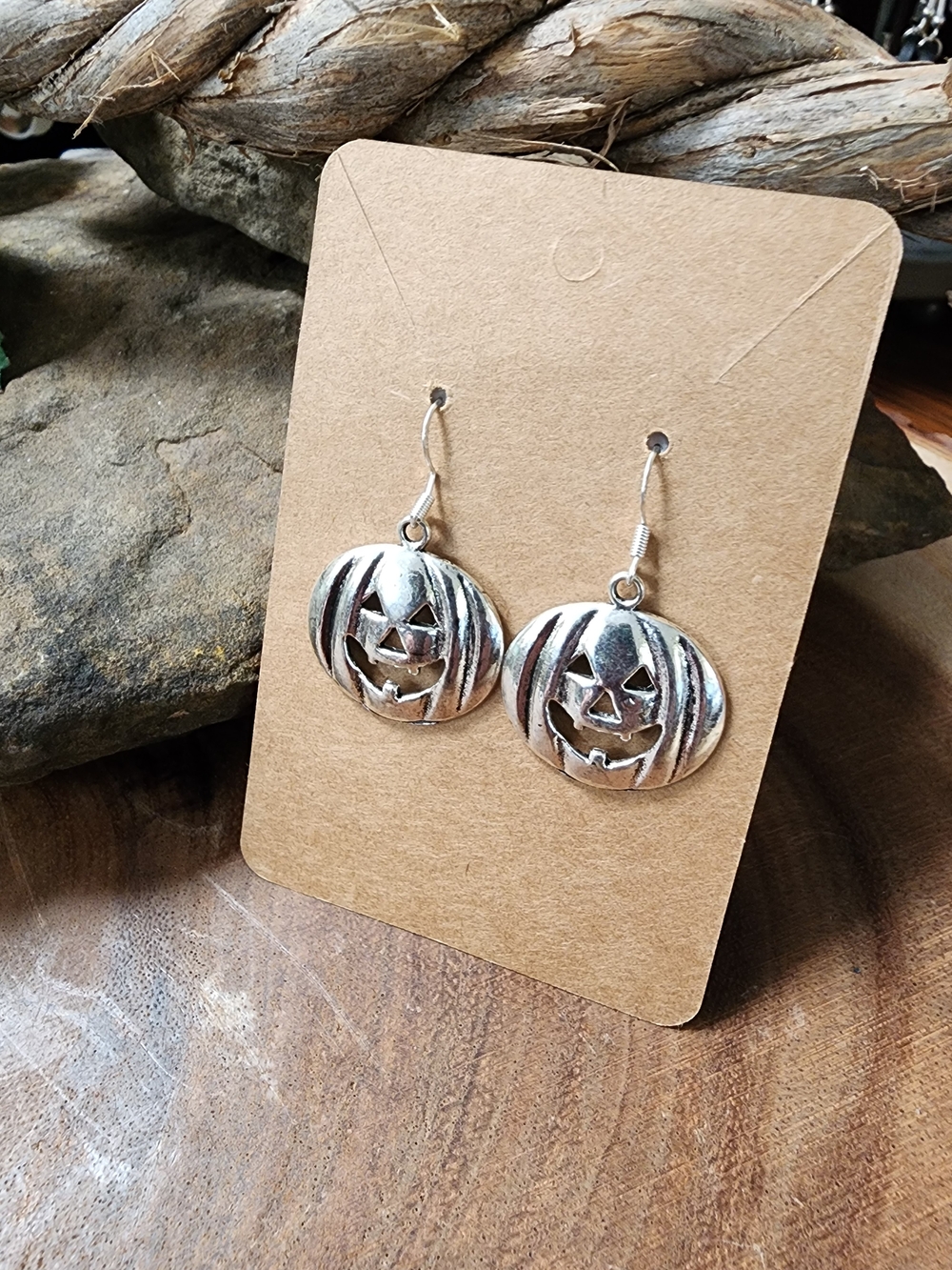 Silver Toned Pumpkin Jack-O'-Lantern Dangle Earrings